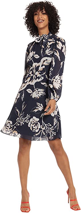 Maggy London Women's Long Sleeve Dress with Mock Neck with Tie
