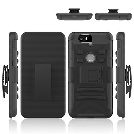 Nexus 6P Case, Shock Absorbing 3 in 1 Holster Case with Kick Stand and Belt Clip, Osurce Full Protection Heavy Duty Hybrid Case Cover for Nexus 6P / Huawei Nexus 6P / Google Nexus 6P (Black   Black)