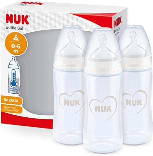 NUK First Choice  Baby Bottles Set | 0-6 Months | Temperature Control | Silicone Teat | Anti Colic Vent | BPA-Free | 300 ml | Hearts (White) | 3 Count