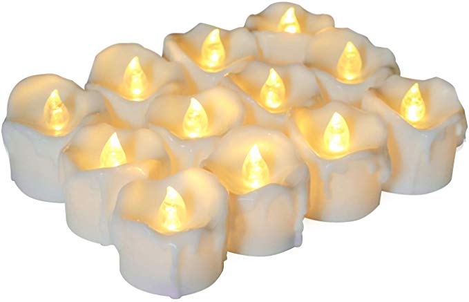 Homemory Timer Tea Light Candles Bulk, Set of 12 Warm White Electric Tealight, Battery Operated Votive Candles with Flickering and Dripping Wax Look, 1.7'' D × 1.4'' H