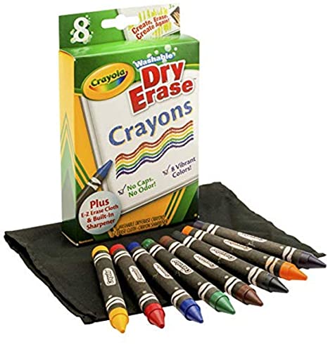 Crayola Washable Dry-Erase Crayons, 8 Classic Crayola Colors with Built In Sharpener & E-Z Erase Cloth Non-Toxic Art Tools for Kids & Toddlers 3 & Up, Easily Wipes Off Any Dry Erase Surface