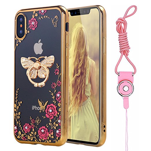 For iPhone X Case, ZHFLY Bling Glitter Flexible Soft TPU Silicone Clear Case With 360 degree Kickstand Metal Ring Electroplate Bumper Back Cover for Apple iPhone X, Gold Flower   Butterfly Ring