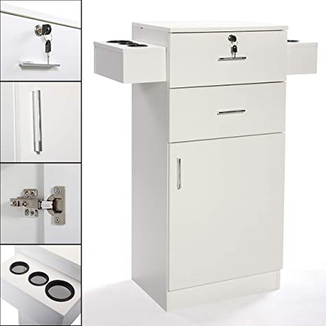 White 3-layer Beauty Salon Storage Cabinet w/6 Hair Dryer Holders Lockable Styling Station