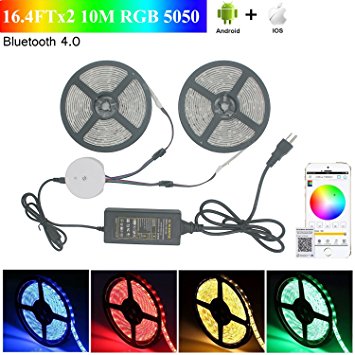 Bluetooth Led Strip Lights,300 LEDs 5M 16.4FTx2 Flexible Strip Light Kit, 5050 RGB Waterproof Rope Light with 12V 6A Power Supply ,Support for Android iOS
