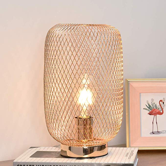 CASILVON Modern Hollowed Out Lamp Shade Bedroom Living Room Small Gold Side Table Lamp，Simple Design Desk Light with Metal Base