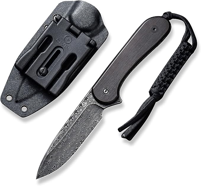 CIVIVI Fixed Blade Elementum Knife 3.98" Damascus Blade, Flat G10 Handles, Belt Knife with Kydex Sheath, Tied Paracord Lanyard, Clip for Outdoor EDC C2105-DS1