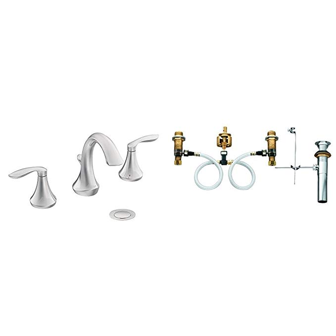 	Moen Eva Two-Handle High-Arc Bathroom Faucet Bundle (Chrome) complete with Moen 9000 Widespread Lavatory Rough-In Valve with Drain Assembly