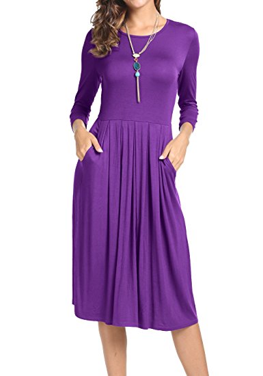 levaca Women's 3/4 Sleeve Pleated Loose Swing Casual Midi Dress With Pockets