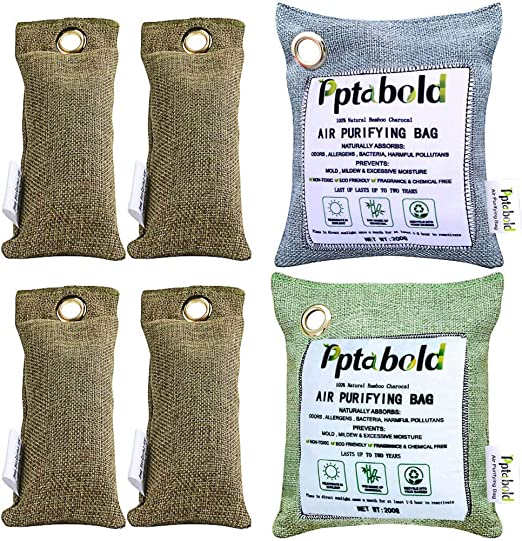 Natural Air Purifying Bag,Reusable Activated Bamboo Charcoal Odor Absorber and Eliminator,Car Air Freshener,Dehumidifier for Home,Prevents Mold,Smell Remover,Shoe Deodorizer,Purifier Bags (6PCS)