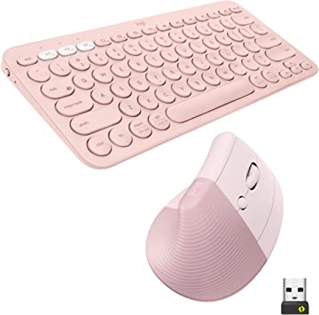 Logitech K380 Multi-Device Bluetooth Wireless Keyboard and Lift Vertical Ergonomic Mouse Combo, Quiet, Multi-Device, Compact, 2 Year Battery, Windows/macOS/iPad OS, Laptop, PC - Rose