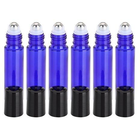 Roll on Bottles, Iwotou 10 ml High Quality Glass Refillable Essential Oil Bottles with Stainless Steel Roller Balls, Set of 6 for Aromatherapy, Essential Oils, Perfumes and Lip Balms