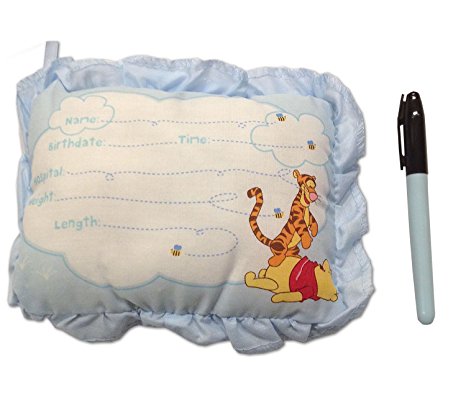8 Inch Winnie The Pooh Birth Announcement Door Pillow With Pen in Blue/Baby Boy Keepsake