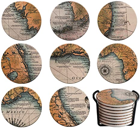 Lumuasky Absorbent Coasters with Holder Set of 8, Coasters for Drinks, Unique Housewarming Gift, Round Cup Mat Pad for Home and Kitchen (Retro MAPE)