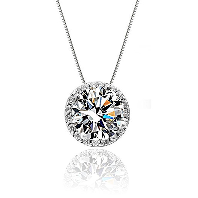 Cat Eye Jewels Women S925 Sterling Silver Cut Cubic Zirconia Diamond Halo Pendant Necklace 16" with 5cm Extension Chain