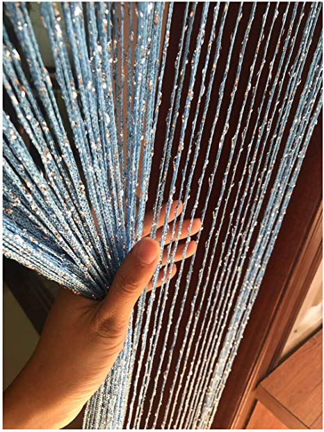 Eyotool 1x2 M Door String Curtain Rare Flat Silver Ribbon Thread Fringe Window Panel Room Divider Cute Strip Tassel for Wedding Coffee House Restaurant Parts, Sky Blue