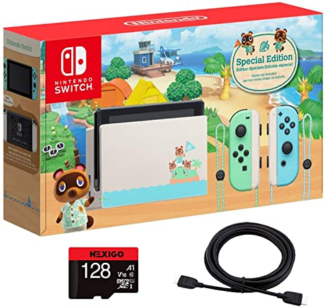 Nintendo 2020 Switch Console Family Christmas Holiday Bundle - Animal Crossing: New Horizons Edition   NexiGo_128GB MicroSD Card   4K HDMI Cable Bundle