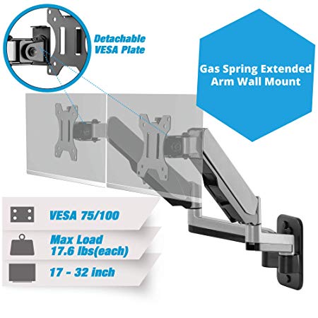 AVLT-Power Dual Gas Spring Monitor Wall Mount with Two Aluminum Extended Arms,Ergonomic Fully Adjustable, Heavy Duty Holds Two 17" to 32" Computer Screens, Up to 17.6 lbs Each, VESA 75x75 / 100x100mm