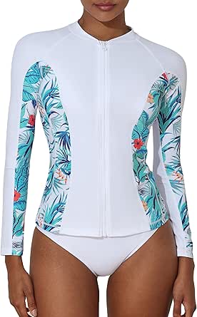 ATTRACO Women's Rashguard Swimsuit Zip Front Sun Protection Swim Shirt UPF 50