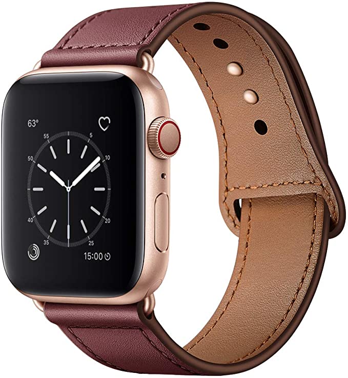 KYISGOS Compatible with iWatch Band 40mm 38mm, Genuine Leather Replacement Band Strap Compatible with Apple Watch Series 5 4 3 2 1 38mm 40mm, Wine Red Band   Rose Gold Adapter
