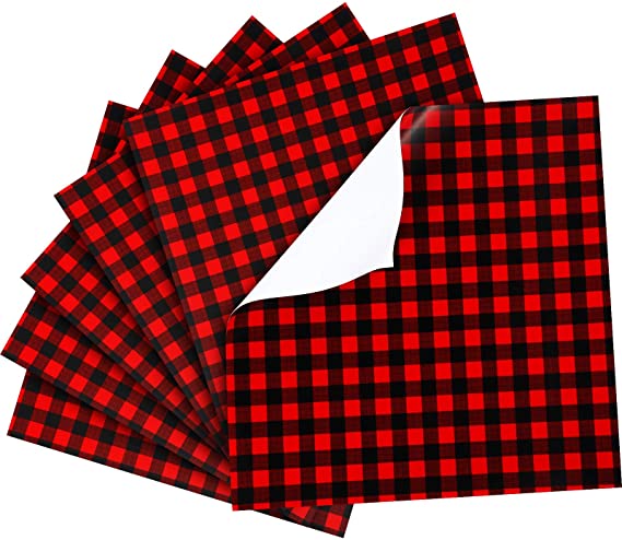 Christmas Buffalo Plaid Self Adhesive Vinyl Sheet Adhesive Craft Vinyl Sheet 12 x 12 Inches (Red and Black,6 Sheets)