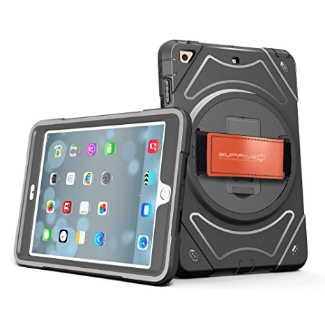 iPad Mini 1 2 3 Case,[Rugged: Shock Proof] Heavy Duty Dual Protective Case with Kickstand and [Adjustable Leather Hand Strap]，360 Rotation Kid Fun Play Armor Case (Carbon Black)