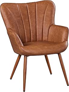 Yaheetech Modern Tub Chair, PU Leather Living Room Armchair, Side Vanity Chair with Curved High Back and Thick Soft Padded Seat for Bedroom Makeup Reading Nook, Retro Brown