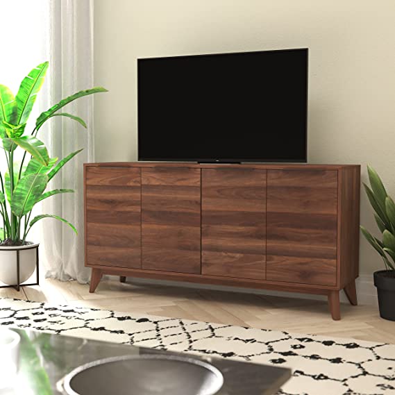 Flash Furniture Hatfield Mid-Century Modern 4 Storage Buffet Sideboard-Soft Close Doors Adjustable Shelves-Holds up to 64" TV's, 60 Inches, Dark Walnut