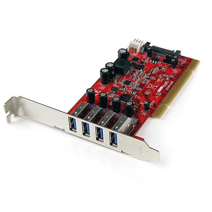 StarTech.com 4 Port PCI SuperSpeed USB 3.0 Adapter Card with SATA/SP4 Power-Quad Port PCI USB 3 Controller Card PCIUSB3S4, Red