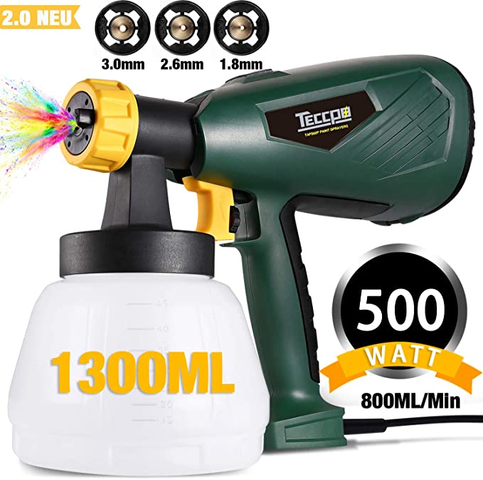 TECCPO HVLP Electric Spray Gun, 500W 800ml/min, 3 Painting Modes, with 3 Copper Nozzles in Different Sizes and 1300 ml Tank, for Painting and Painting, TAPS02P