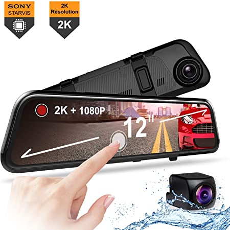 REXING M1 PRO 2K DUAL MIRROR DASH CAM 12” IPS TOUCH SCREEN, 1440p (FRONT)   1080p (REAR), WATERPROOF BACKUP CAMERA, STREAM MEDIA, PARKING MONITOR, SONY IMX 335 SENSOR NIGHT VISION, SUPPORT UP TO 256GB