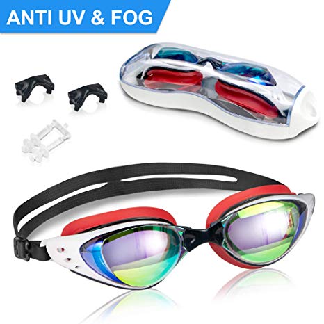 Arteesol Swimming Goggles, HD Anti Fog,100% UV Protective Coating Electroplated Mirrored Adjustable Strap Swimming Glasses with Protective Case and Earplug for Adult Men and Women, Kids (White)