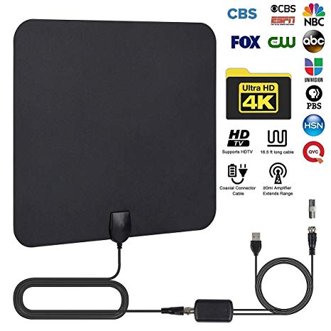HDTV Antenna,HD Digital TV Antenna Indoor-80 Miles Long Range High-Definition TV Aerial with Amplifier Signal Booster,16.4ft Coax Cable,Support All TV's,1080P 4K Ready
