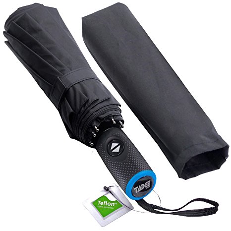 Tadge Goods Windproof Travel Umbrella with Automatic Open/Close (Black) Rain Resistant Canopy with Teflon Coating | Wind Proof Durability | Includes Carry Bag