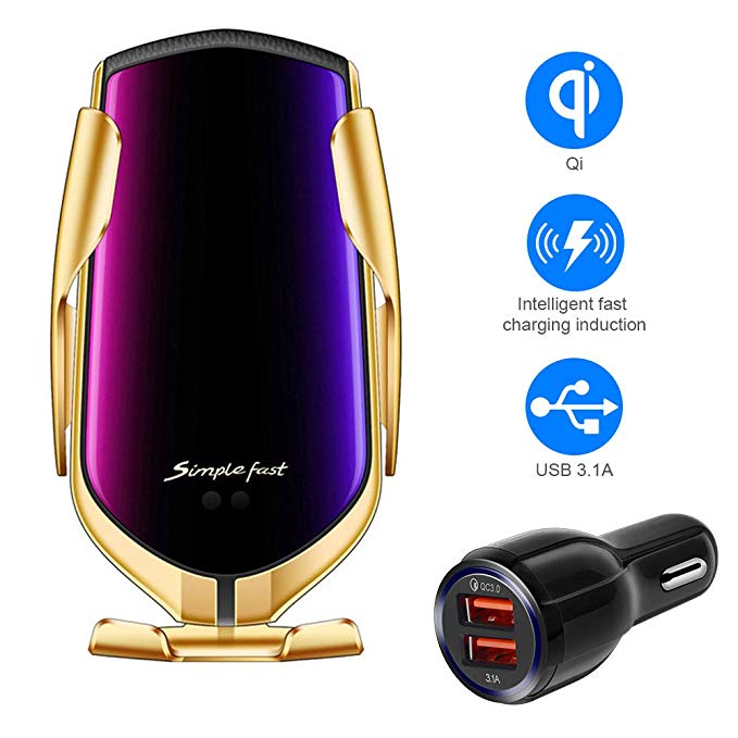 TopWan Wireless Charger Car Touch Sensing Automatic Retractable Clip Fast Charging Compatible for iPhone Xs Max/XR/X/8/8Plus Samsung S9/S8/Note 8(Gold)
