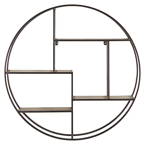 Rivet Contemporary Round Floating Iron 4 Shelf Wall Unit - 29.72" W, Natural Wood and Silver