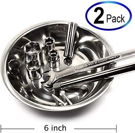 2 Pieces of 6" Stainless Magnetic Tool Trays w/Strong Holding Power | Magnetic Tool Organizers & Magnet Tool Dishes for Car Mechanics and Handymen, Large and Value Pack, 2 Pieces