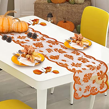 Fall Decor Table Runner 13 x 72 Inch, Thanksgiving Fall Decorations Maple Pumpkin Harvest Lace Runner Table Line for Thanksgiving Party Supplies and Daily Use Home Decor