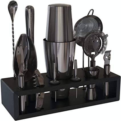 Highball & Chaser Gunmetal Plated Martini Bartender Kit with Black Bamboo Stand Boston Shaker Cocktail Shaker Set with Mixologist Bar Tools