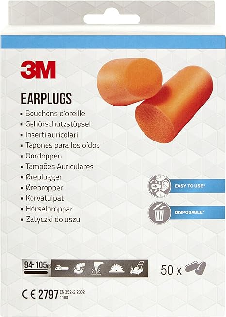 3M Earplugs 1100, Contractor Pack, Orange, 50 Pairs (94 - 105 dB)