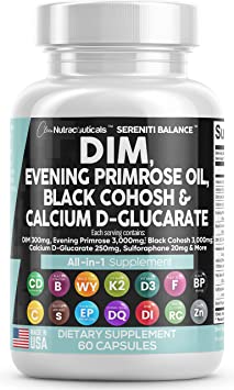 DIM 300mg Evening Primrose 3000mg Black Cohosh 3000mg Calcium D-Glucarate 250mg Sulforaphane Flax Seed Extract - Hormonal Balance Support Vitamins for Women with Dong Quai - Made in USA 60 Caps