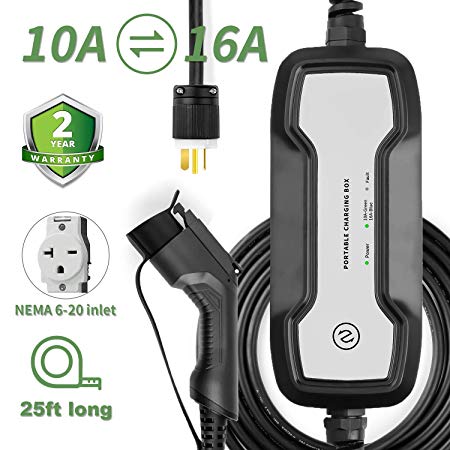 Level 2 EV Charger Cable (110-240V, 10/16A, 25FT) Portable EVSE Electric Vehicle Charging Station for Chevy Volt,Tesla Model and All Type 1 (SAE J1772 Standard (NEMA 6-20)