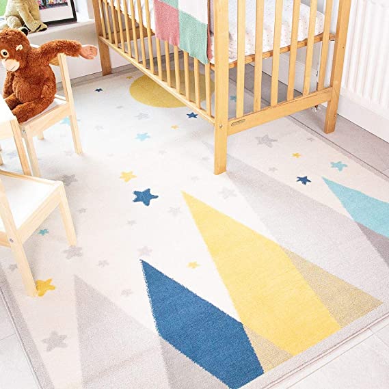 Children’s Kids Scandi Rug Durable Cream Grey Mountains Stars Moon Bedroom Playroom Nursery Small Rugs Boys Girls 80cm x 150cm