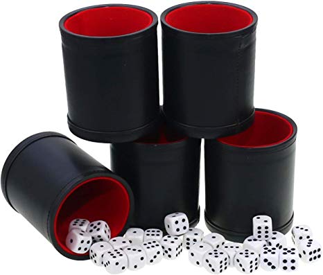 5 Professional Dice Cups – Quality Bicast PU Leather, Red Felt Lined,Includes 25 White Six-Sided Dice