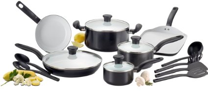 T-fal C921SG Initiatives Nonstick Ceramic Coating PTFE PFOA and Cadmium Free Scratch Resistant Dishwasher Safe Oven Safe Cookware Set, 16-Piece, Black