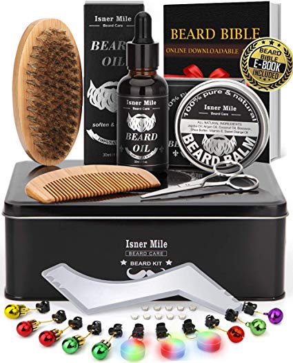 PREMIUM Metal Box Beard Kit for Men Beard Care Growth Grooming & Trimming - Beard Oil Conditioner, Beard Glitter Lights, Christmas Ornaments, Balm Wax, Brush, Comb, Scissors, Xmas Gifts for Him Dad