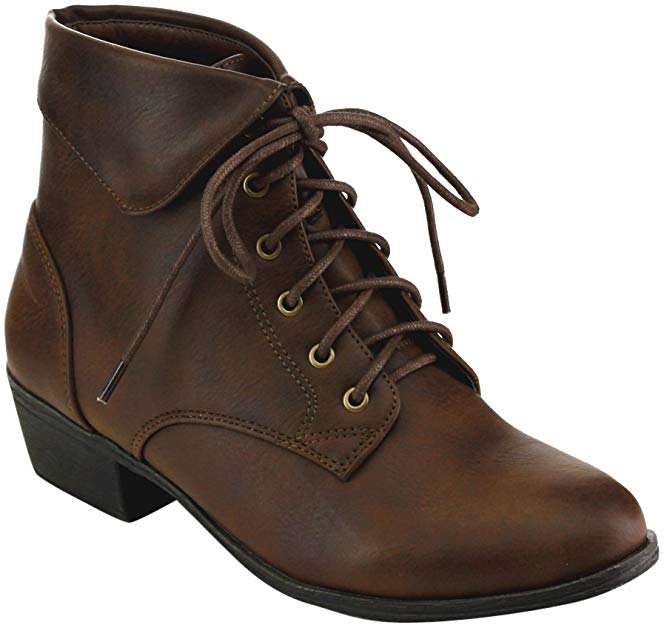 TOP Moda EC89 Women's Foldover Lace Up Low Chunky Heel Ankle Booties