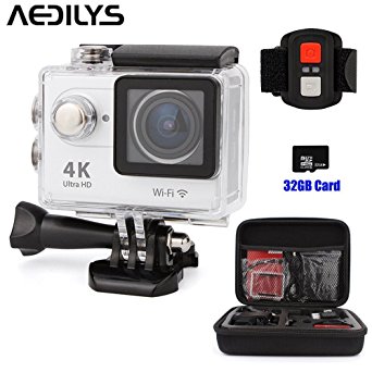 Sport Camera ,AEDILYS 4K HD Action Camera ,Wrist 2.4G Wireless RF Remote Control , WiFi 2inch 170° Sports Video, lens Helmet go waterproof pro camera  32GB Card Camera Bag -White