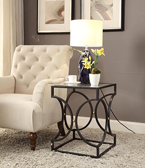 Glass Top Black Metal Side End Table with Circle Design