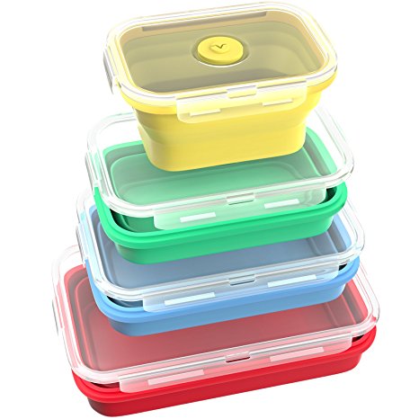Vremi Silicone Food Storage Containers with BPA Free Airtight Plastic Lids - Set of 4 Small and Large Collapsible Meal Prep Container for Kitchen or Kids Lunch Bento Boxes - Microwave and Freezer Safe