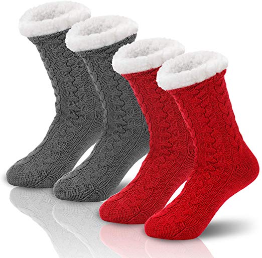 2 Pairs Women Fleece Lined Socks Cozy Fuzzy Winter Twist Slipper Socks with Gripper